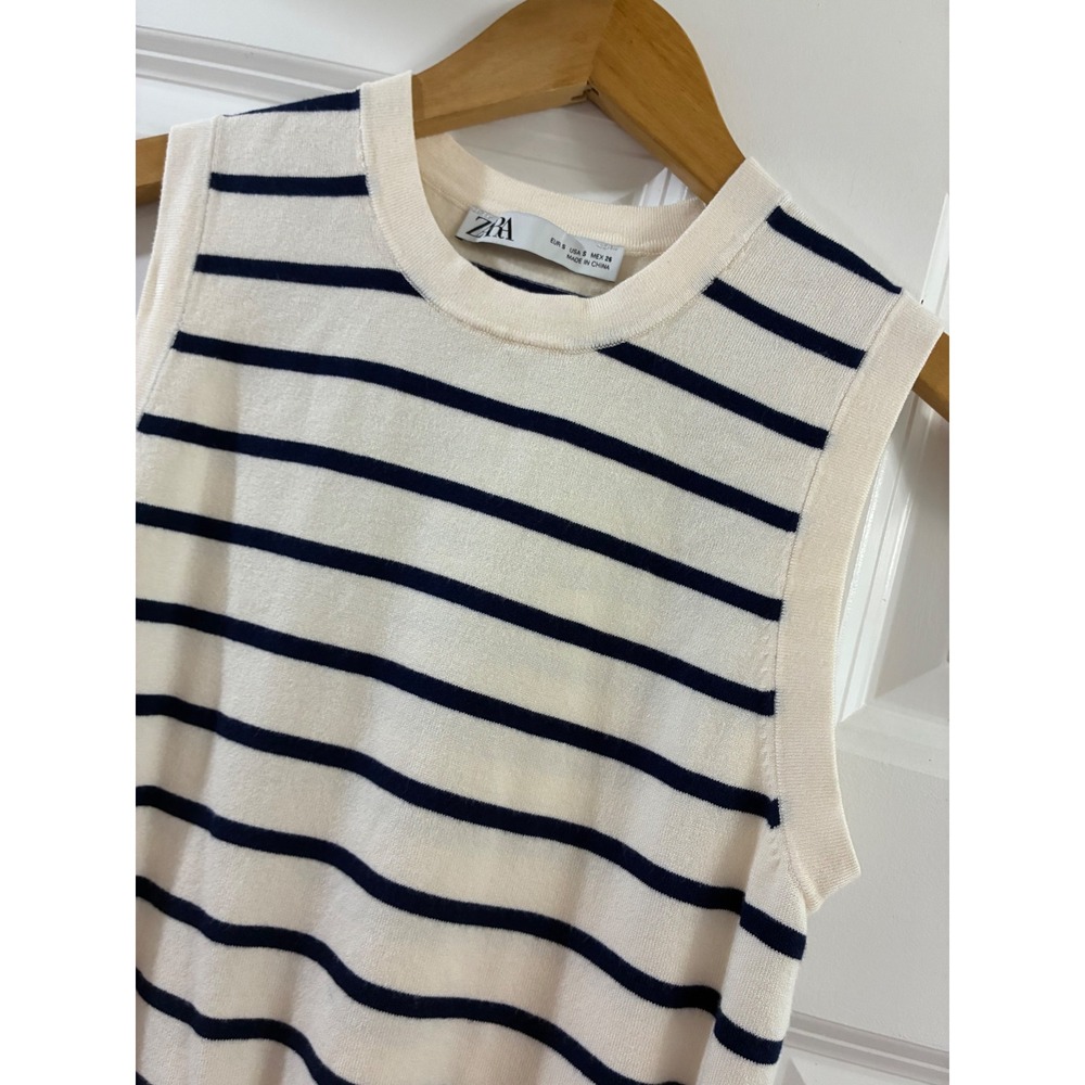 Zara Womens Cream Navy Blue Striped Knit Sleeveless Sweater S luxury coquette